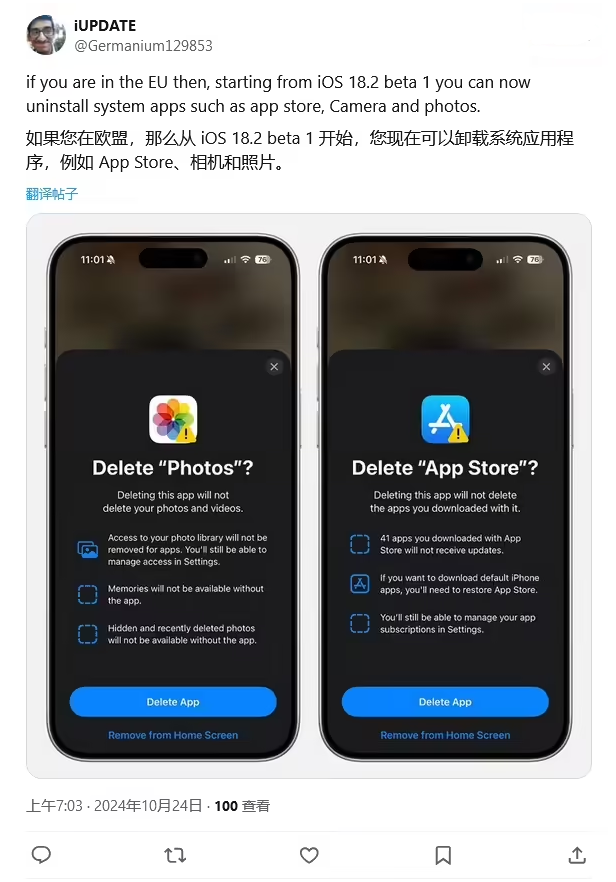 麻章苹果手机维修分享iOS 18.2 支持删除 App Store 应用商店 